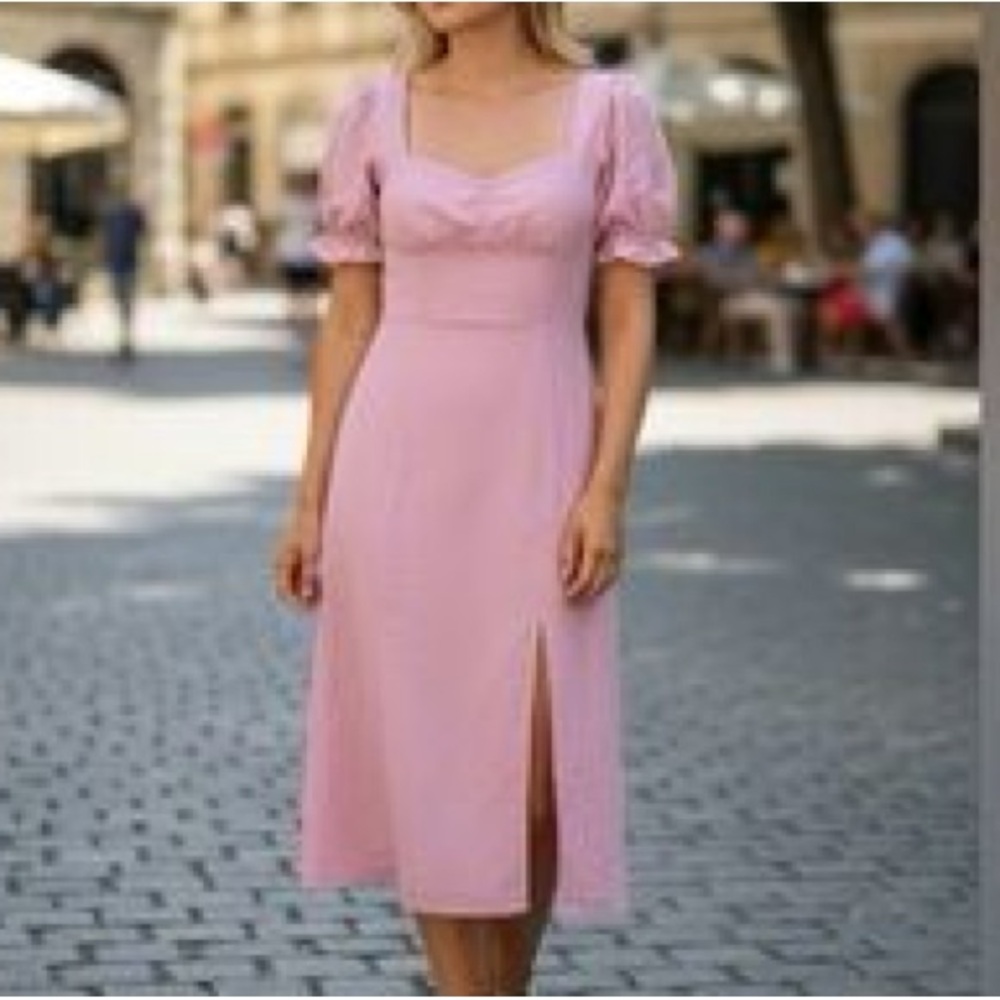 Sz Med Vici Pink Square-Neck Midi Dress with Puff Sleeves Spring